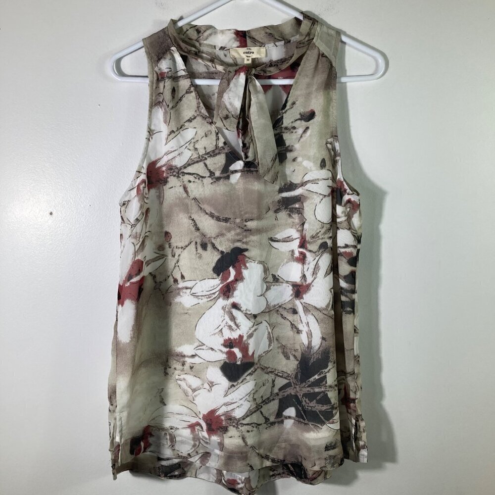 Womens Entro Floral Top Sleeveless Tie Neck Lined Tan Pink M